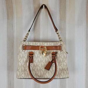 Michael Kors Hamilton Logo‎ Satchel Bag Purse Cream Vanilla Brown